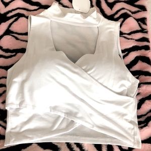 NWT Mock-neck Crop front wrap top! White! Poly/span jersey! New! Size S/M